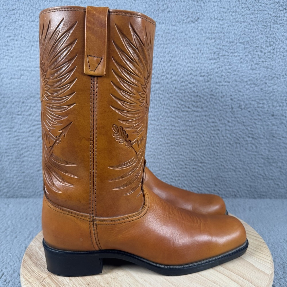 Vintage Cowboy Boots Mens 11 D Brown Leather Western Eagle Shield Emboss Tooled